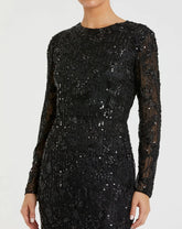Black High Neck Long Sleeve Embellished Dress